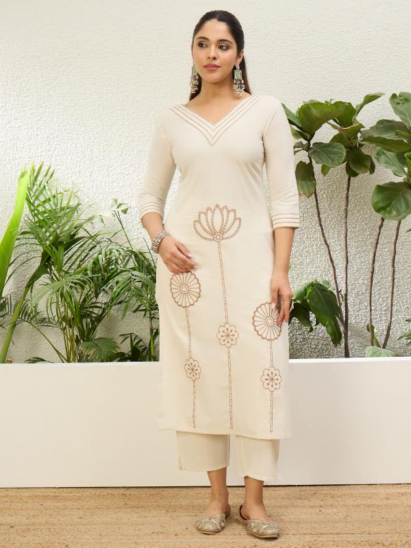 VP 9866 W Women’s  Cotton Kurta Pent Sets with Thread Embroidery Work | 2pcs Kurta Set